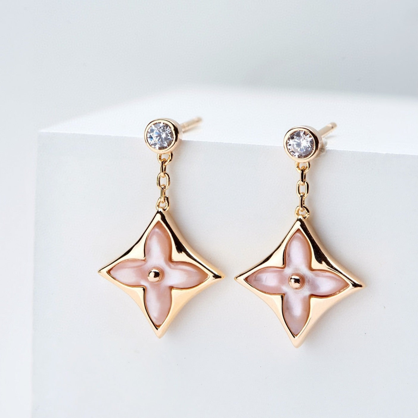 [AM]DOUBLE STAR ROSE GOLD MOP DROP EARRINGS