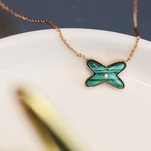 [AM]JEUX MALACHITE 1 DIAMOND ROSE GOLD NECKLACE