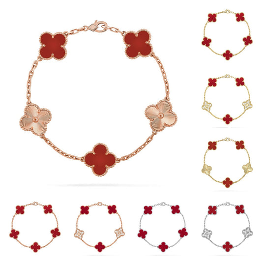 [AM]LUCKY CLOVER 5-MOTIF BRACELET - RED CARNELIAN COLLECTION