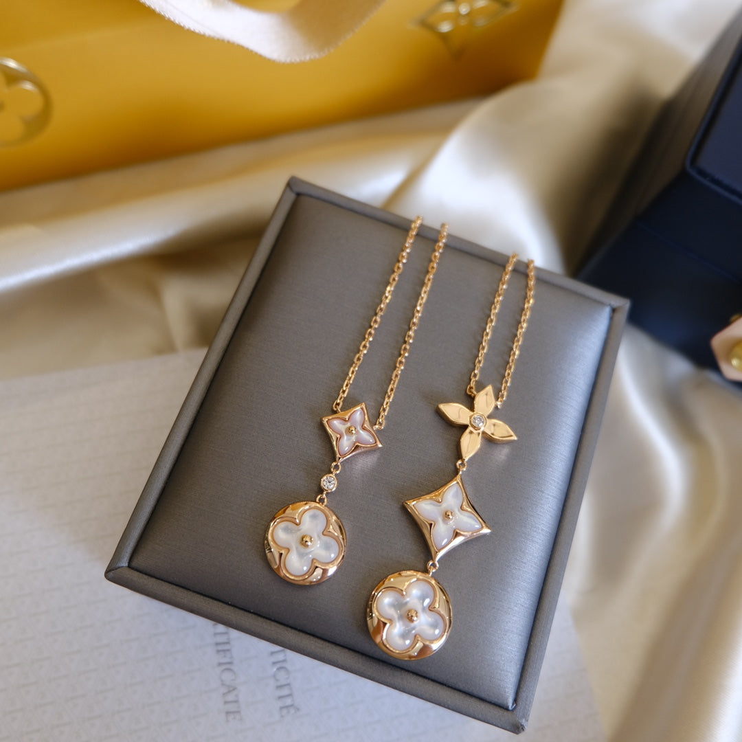 [AM]COLOR BLOSSOM LARIAT NECKLACE ROSE GOLD WHITE MOTHER PEARL AND DIAMOND