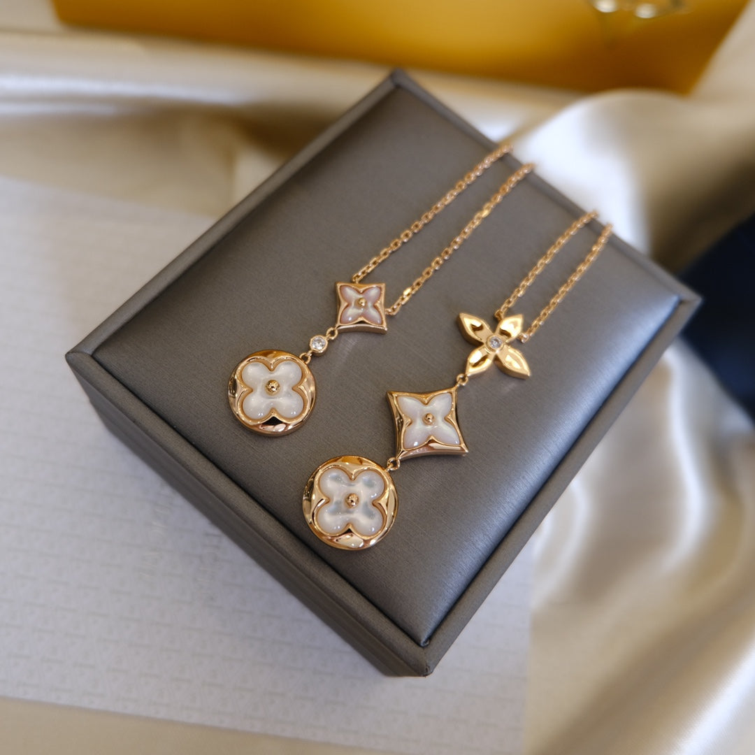 [AM]COLOR BLOSSOM LARIAT NECKLACE ROSE GOLD WHITE MOTHER PEARL AND DIAMOND