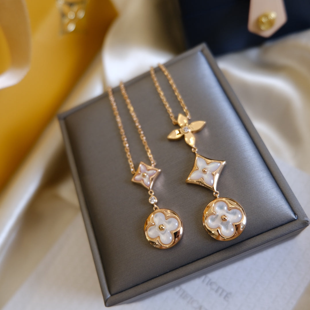 [AM]COLOR BLOSSOM LARIAT NECKLACE ROSE GOLD WHITE MOTHER PEARL AND DIAMOND