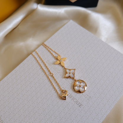 [AM]COLOR BLOSSOM LARIAT NECKLACE ROSE GOLD WHITE MOTHER PEARL AND DIAMOND