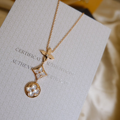 [AM]COLOR BLOSSOM LARIAT NECKLACE ROSE GOLD WHITE MOTHER PEARL AND DIAMOND