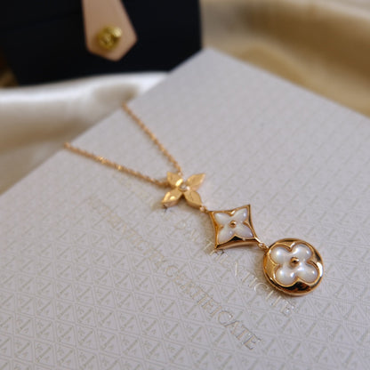 [AM]COLOR BLOSSOM LARIAT NECKLACE ROSE GOLD WHITE MOTHER PEARL AND DIAMOND