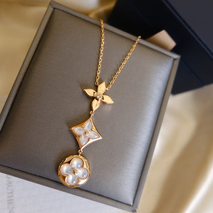 [AM]COLOR BLOSSOM LARIAT NECKLACE ROSE GOLD WHITE MOTHER PEARL AND DIAMOND