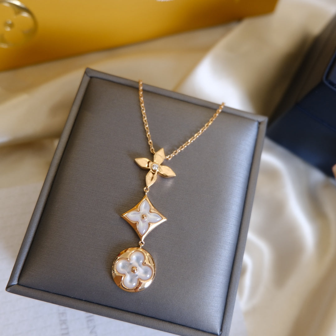 [AM]COLOR BLOSSOM LARIAT NECKLACE ROSE GOLD WHITE MOTHER PEARL AND DIAMOND