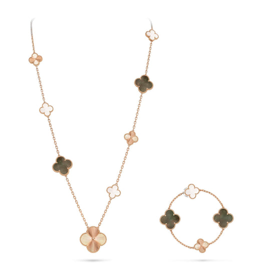 [AM]DETACHABLE 15-MOTIF CLOVER STATEMENT SET - GREY MOTHER-OF-PEARL & LASER