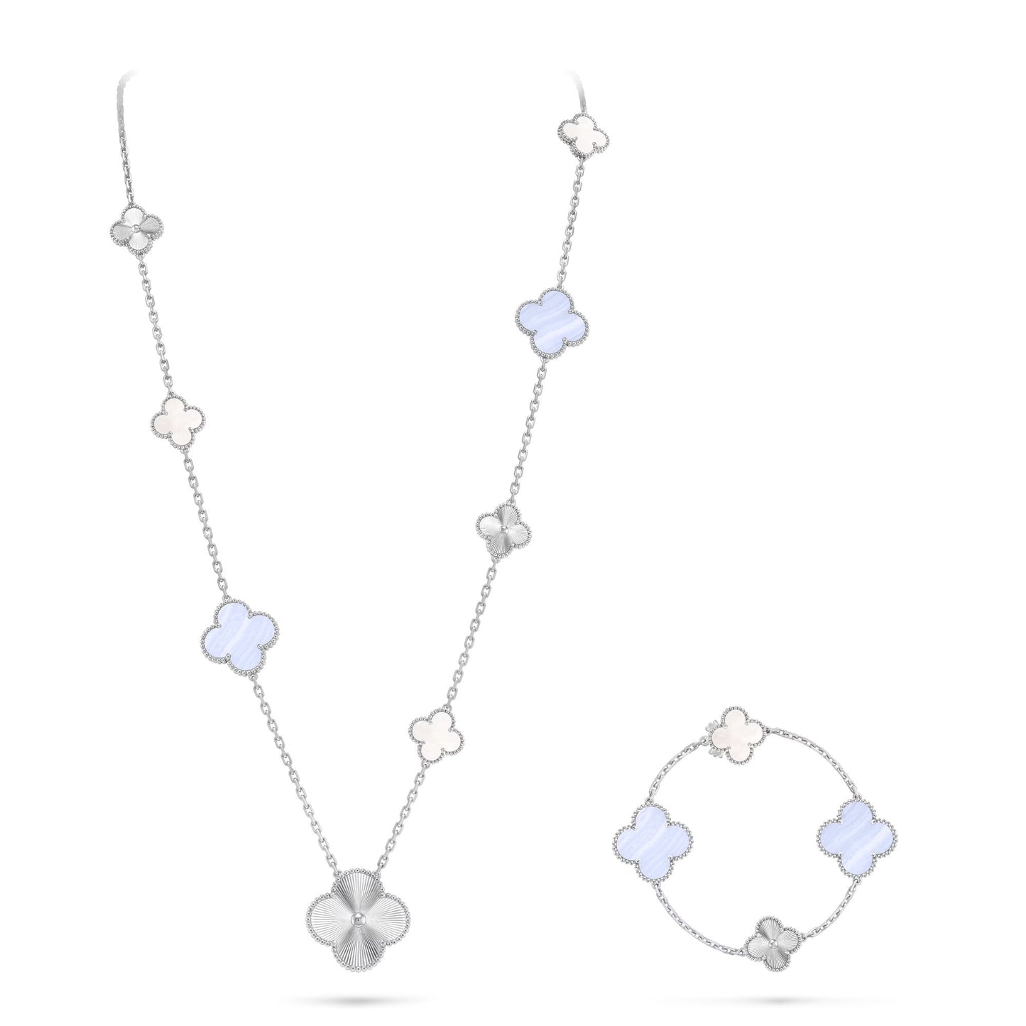 [AM]DETACHABLE 15-MOTIF CLOVER STATEMENT SET - PURPLE CHALCEDONY & LASER